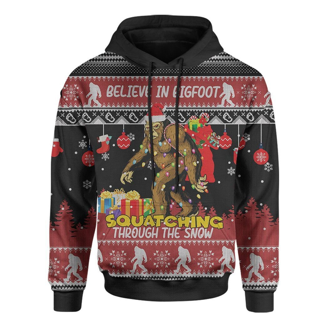 Bigfoot Christmas Believe In Bigfoot Squadching Through The Snow Ugly Christmas Sweater Adult 3D Funny Matching for family - Image 2