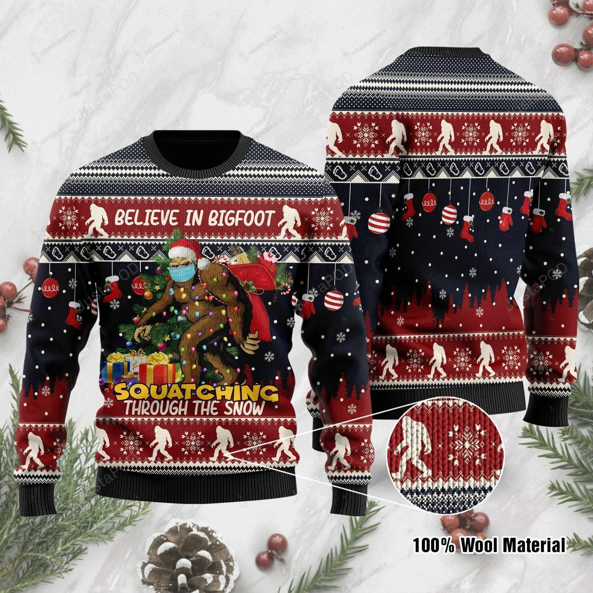 Bigfoot Christmas Squatching Through The Snow Ugly Christmas Sweater Adult 3D Funny Matching for family