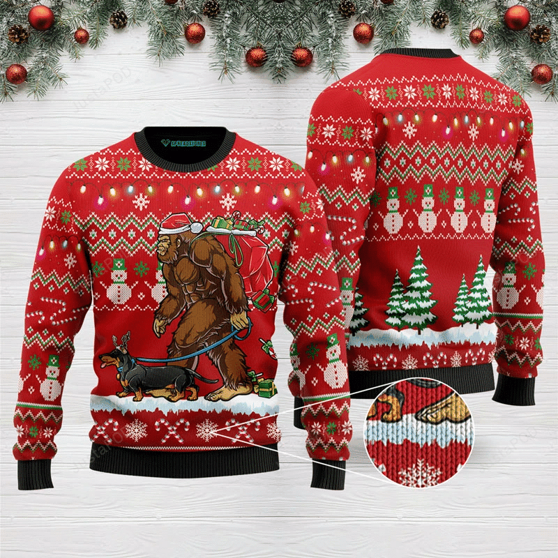 Bigfoot Dachshund Ugly Christmas Sweater Adult 3D Funny Matching for family