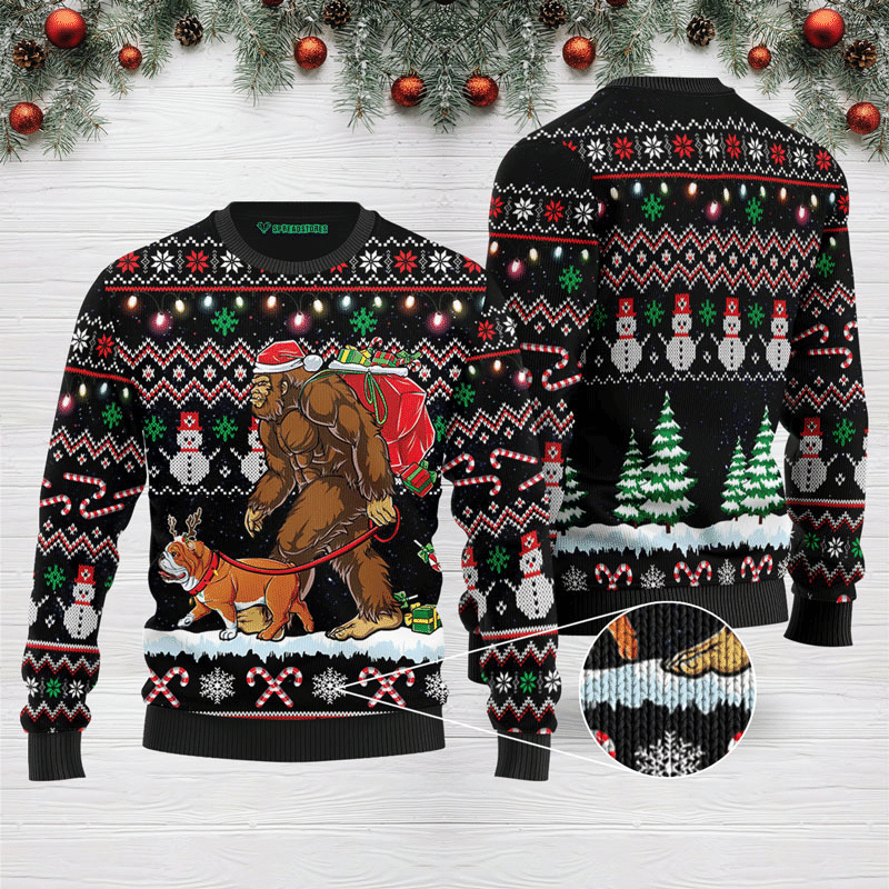Bigfoot English Bulldog Ugly Christmas Sweater Adult 3D Funny Matching for family