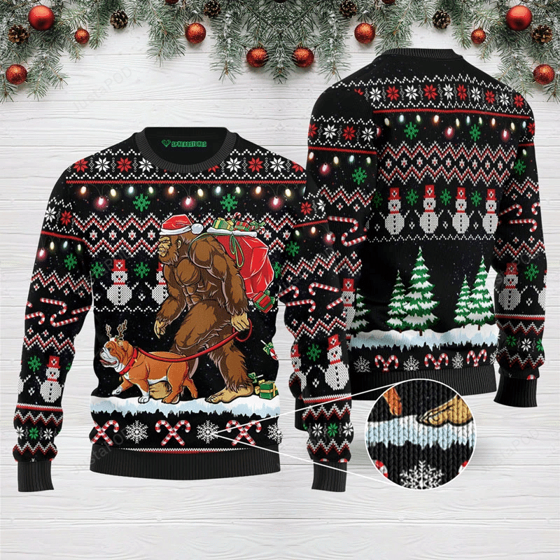 Bigfoot English Bulldog Ugly Christmas Sweater Adult 3D Funny Matching for family