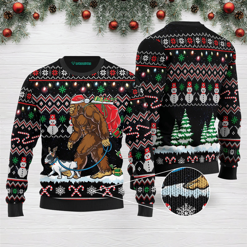 Bigfoot French Bulldog Ugly Christmas Sweater Adult 3D Funny Matching for family