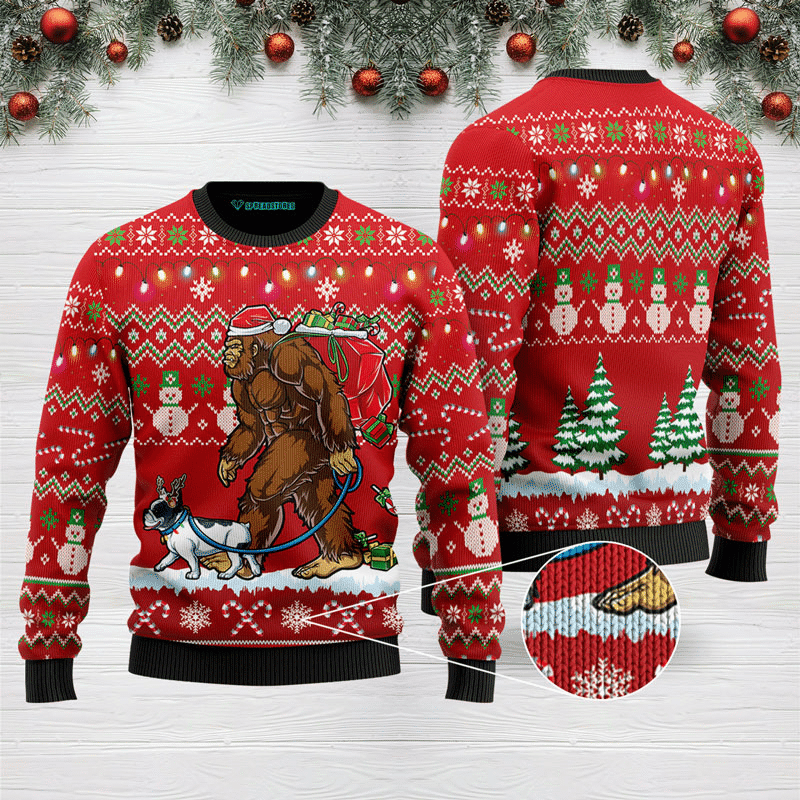 Bigfoot French Bulldog Ugly Christmas Sweater Adult 3D Funny Matching for family