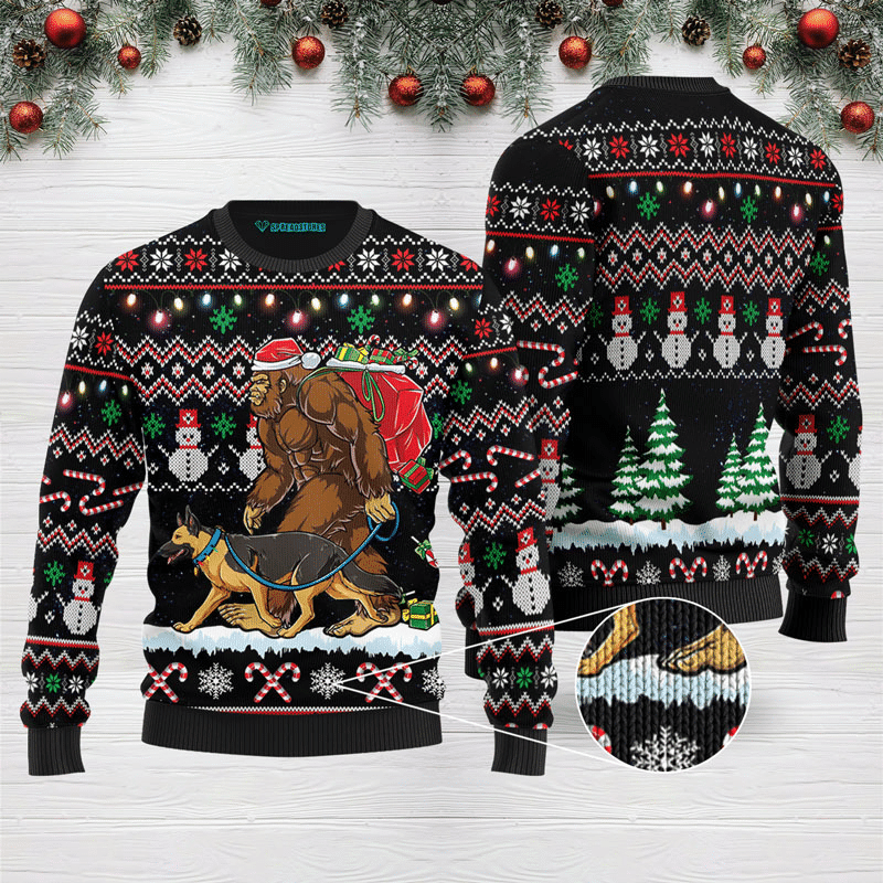 Bigfoot German Shepherd Ugly Christmas Sweater Adult 3D Funny Matching for family