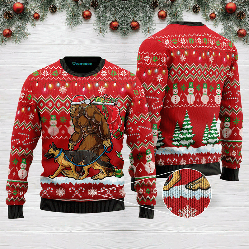 Bigfoot German Shepherd Ugly Christmas Sweater Adult 3D Funny Matching for family