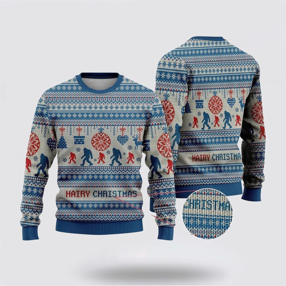 Bigfoot Hairy Christmas Blue Ugly Christmas Sweater Ugly Christmas Sweatshirt Christmas Gift - Image 2