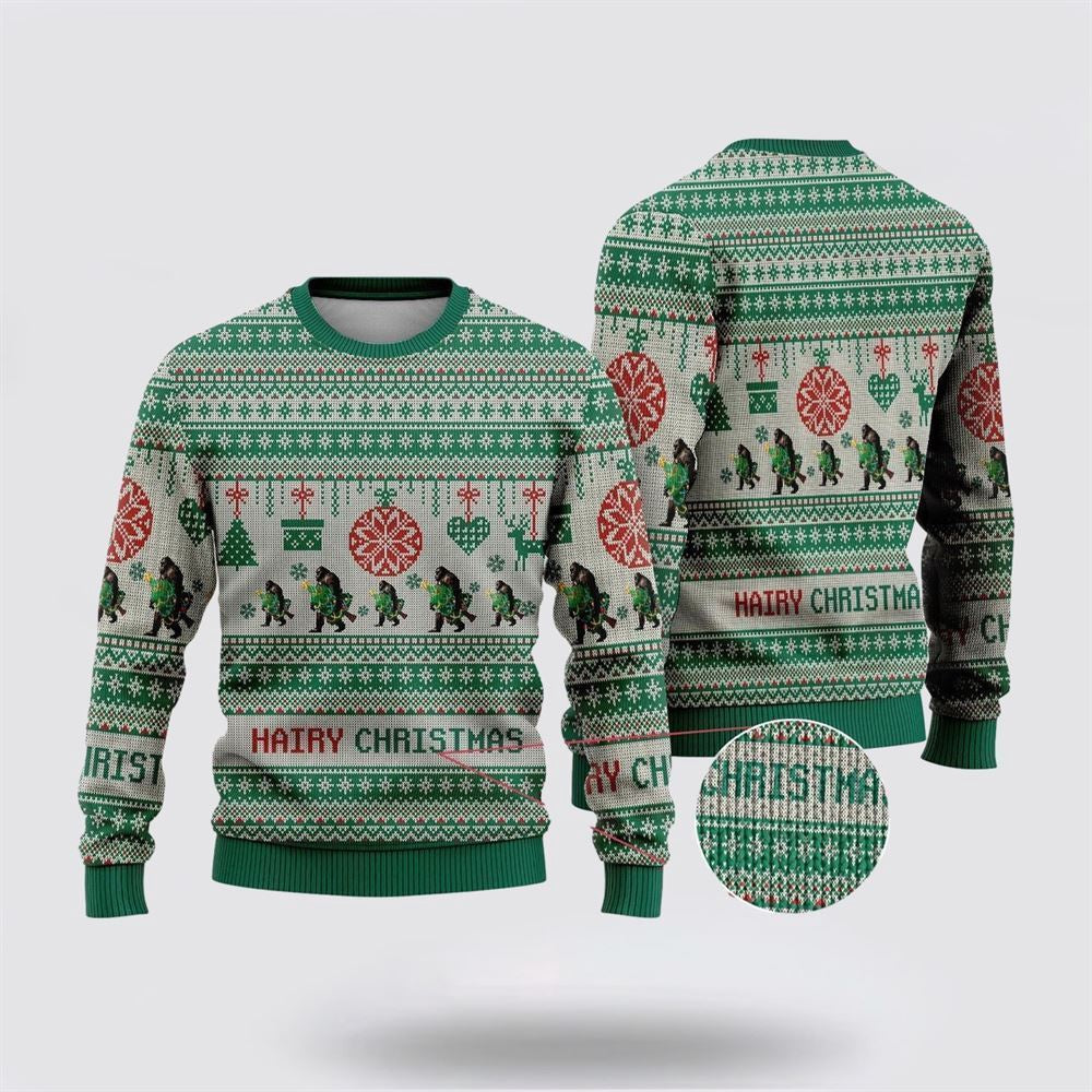 Bigfoot Hairy Christmas Green Pattern Ugly Christmas Sweater Ugly Christmas Sweatshirt Christmas Gift - Image 2