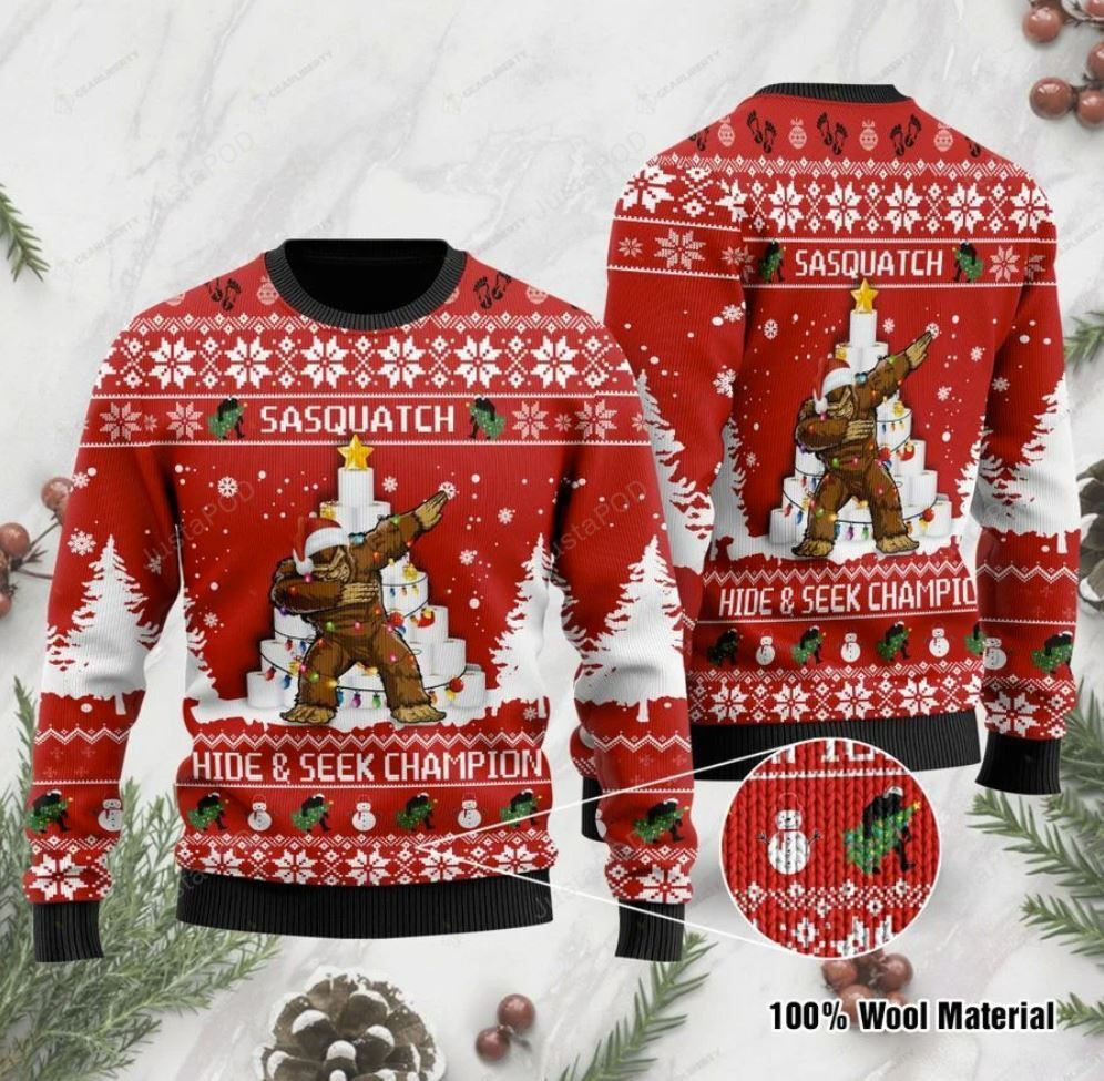 Bigfoot Hide And Seek Champion For Unisex Ugly Christmas Sweater Adult 3D Funny Matching for family