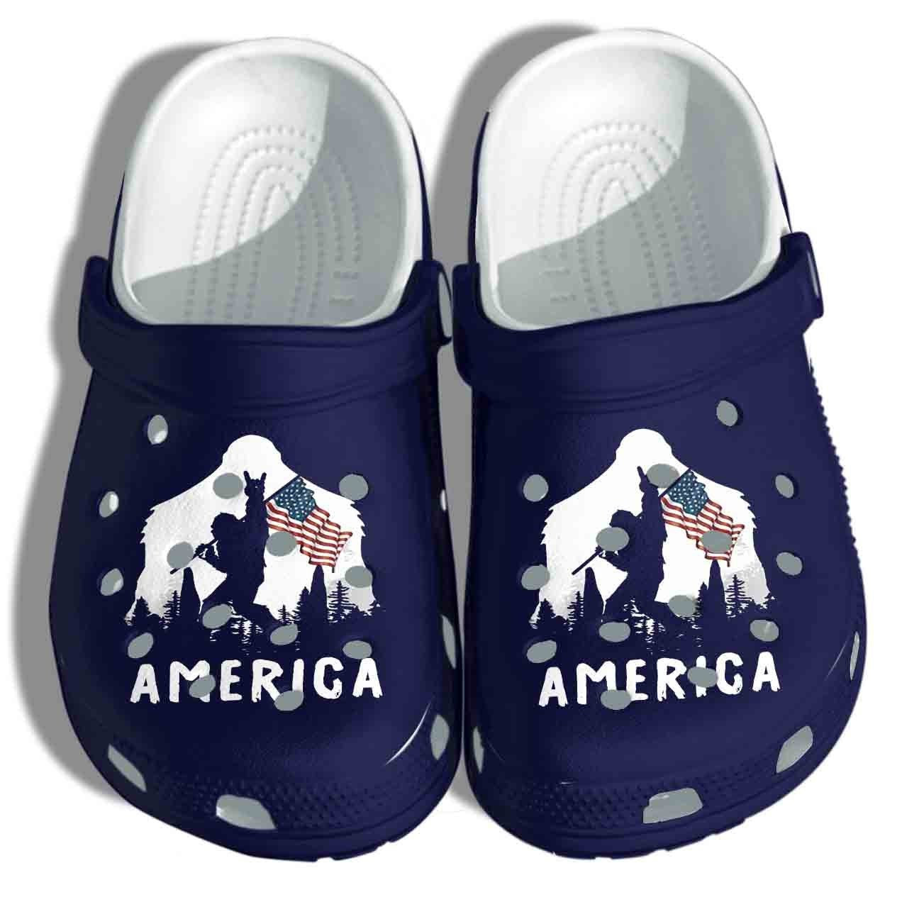 Bigfoot Holding Flag Shoes Clogs - 4Th Of July America Flag Shoes Clogs Birthday Gift For Men Women