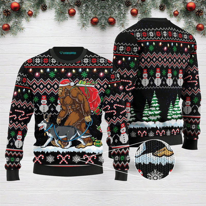 Bigfoot Huskey Ugly Christmas Sweater Adult 3D Funny Matching for family