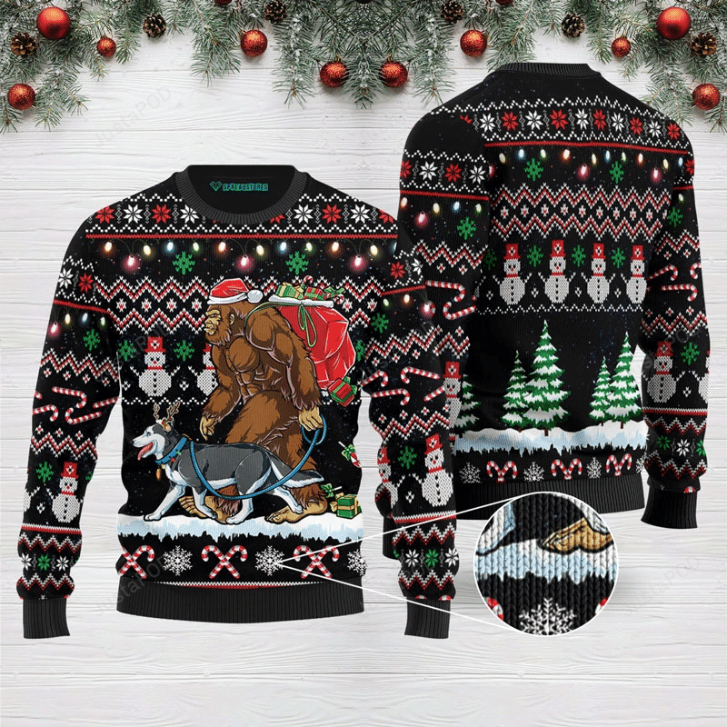 Bigfoot Huskey Ugly Christmas Sweater Adult 3D Funny Matching for family