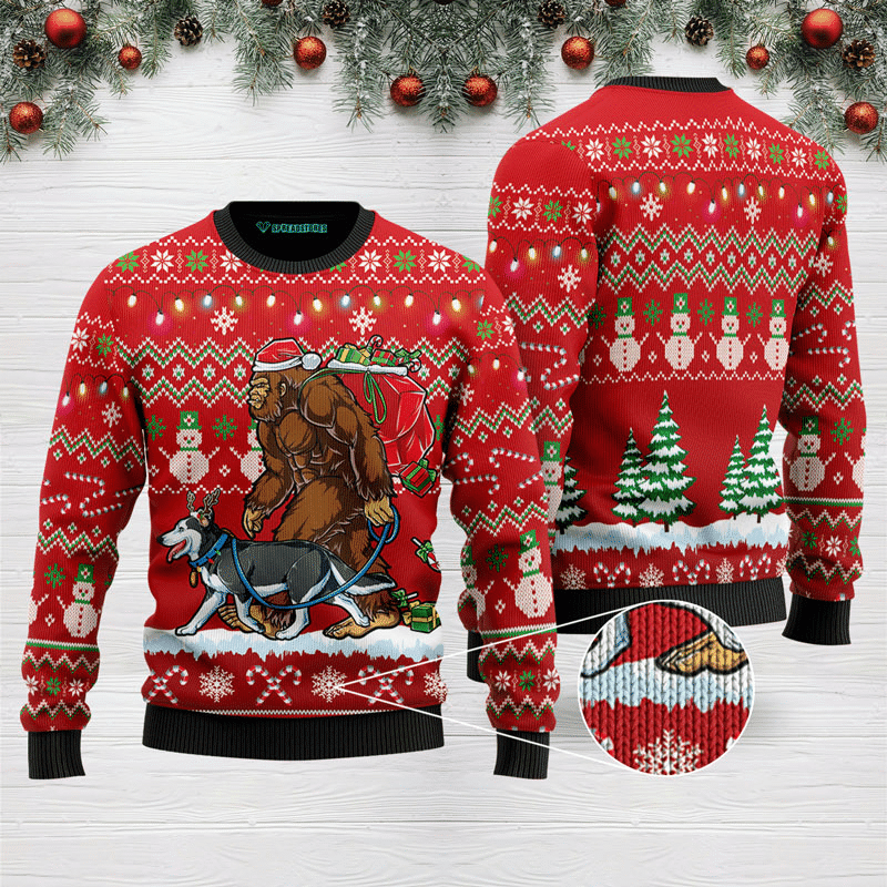 Bigfoot Huskey Ugly Christmas Sweater Adult 3D Funny Matching for family