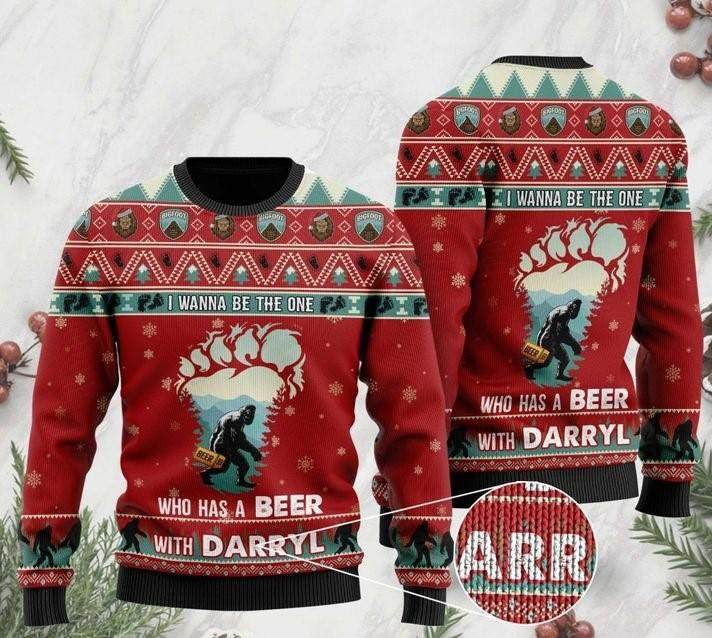 Bigfoot I Wanna Be The One Who Has A Beer With Darryl Ugly Christmas Sweater Adult 3D Funny Matching for family