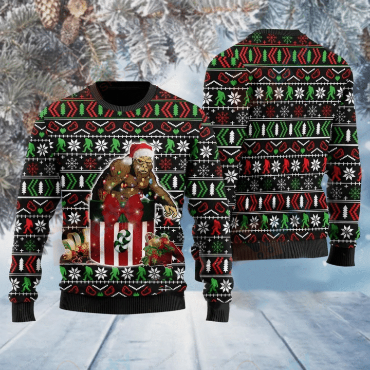 Bigfoot In The Gift Box Ugly Christmas Sweater Adult 3D Funny Matching for family