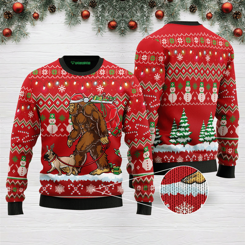 Bigfoot Pug Ugly Christmas Sweater Adult 3D Funny Matching for family