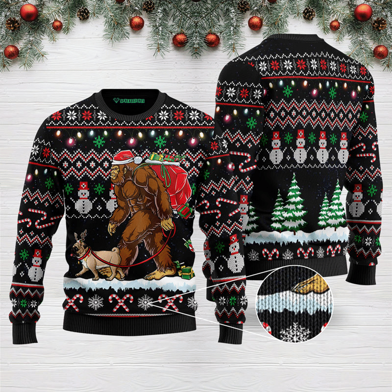 Bigfoot Pug Ugly Christmas Sweater Adult 3D Funny Matching for family
