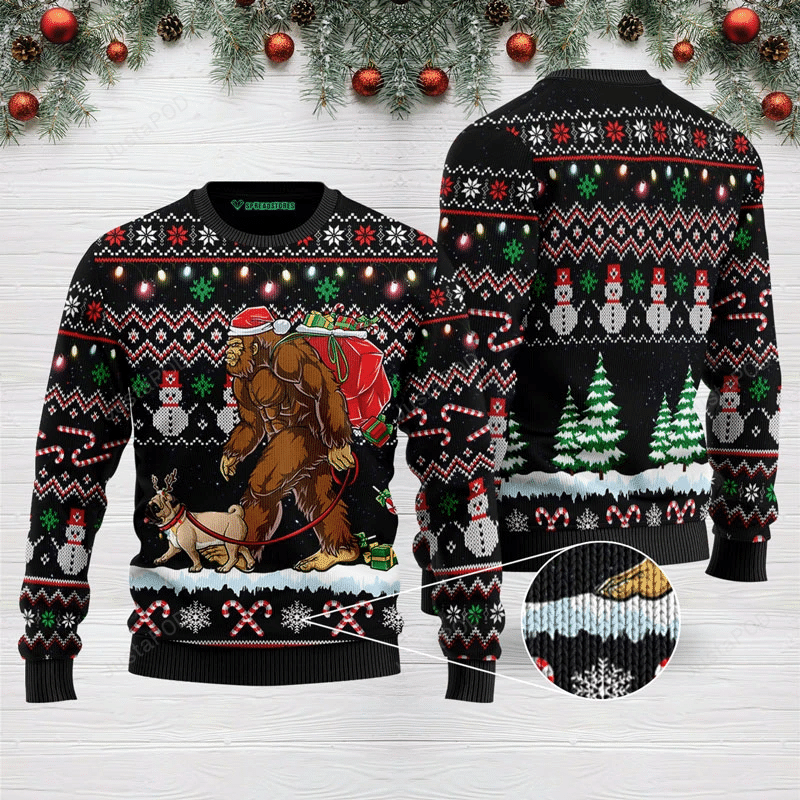Bigfoot Pug Ugly Christmas Sweater Adult 3D Funny Matching for family