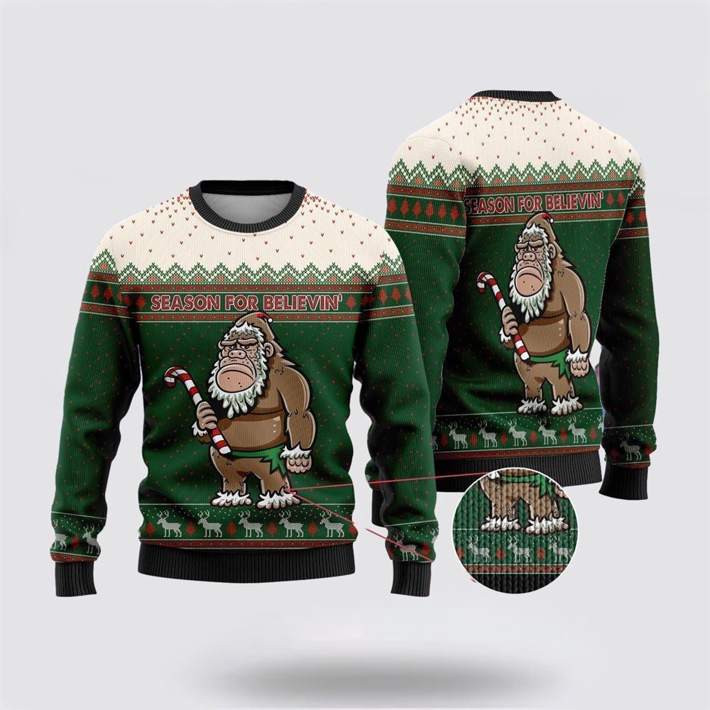 Bigfoot Season For Believin Green And White Pattern Ugly Christmas Sweater Ugly Christmas Sweatshirt Christmas Gift - Image 2