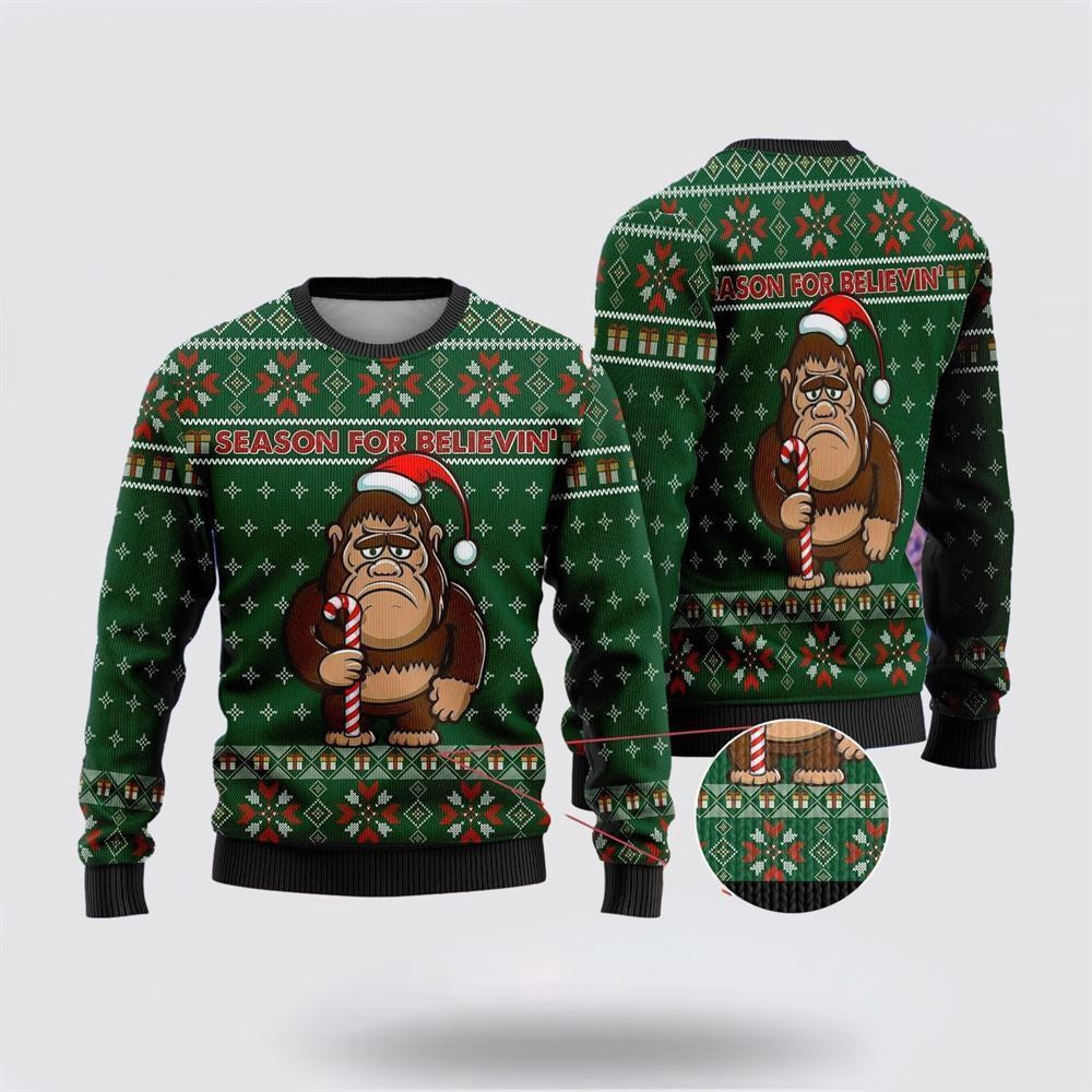 Bigfoot Season For Believin Green Pattern Ugly Christmas Sweater Ugly Christmas Sweatshirt Christmas Gift - Image 2