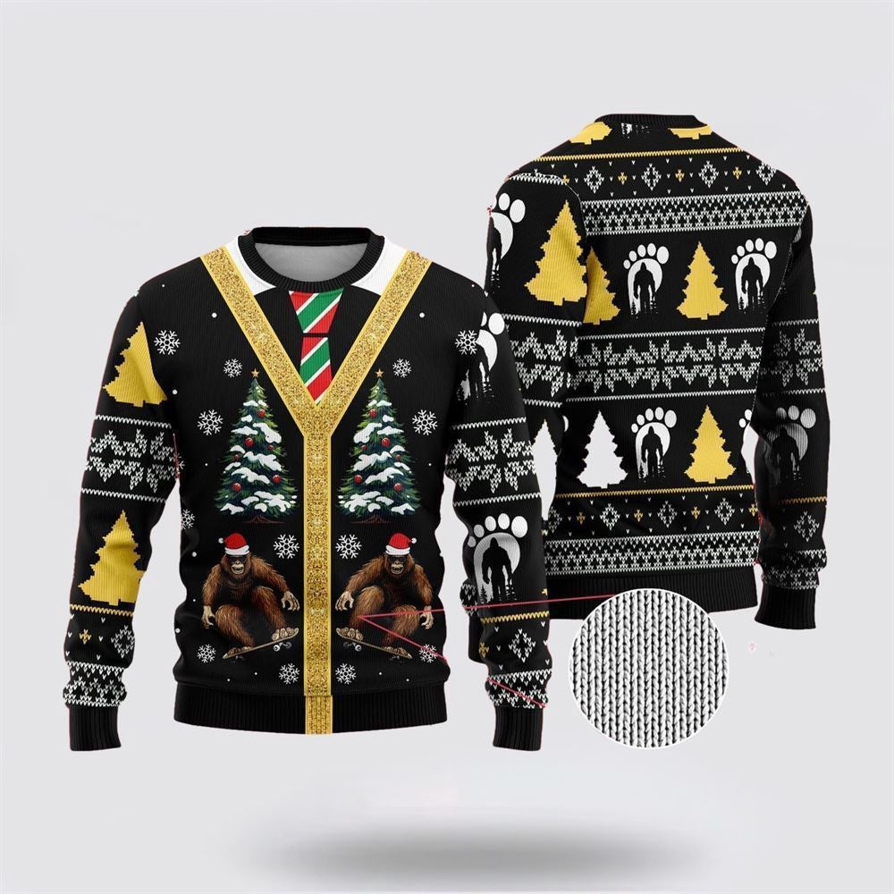 Bigfoot Skateboarding Black Pattern Ugly Christmas Sweater Ugly Christmas Sweatshirt Christmas Gift - Image 2