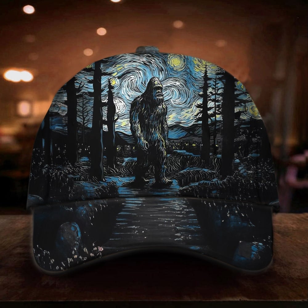 Bigfoot Starry Night Hat Sasquatch Van Gogh Starry Night Gifts For Bigfoot Lovers Trucker Hats Custom Hats Gifts For Men & Women
