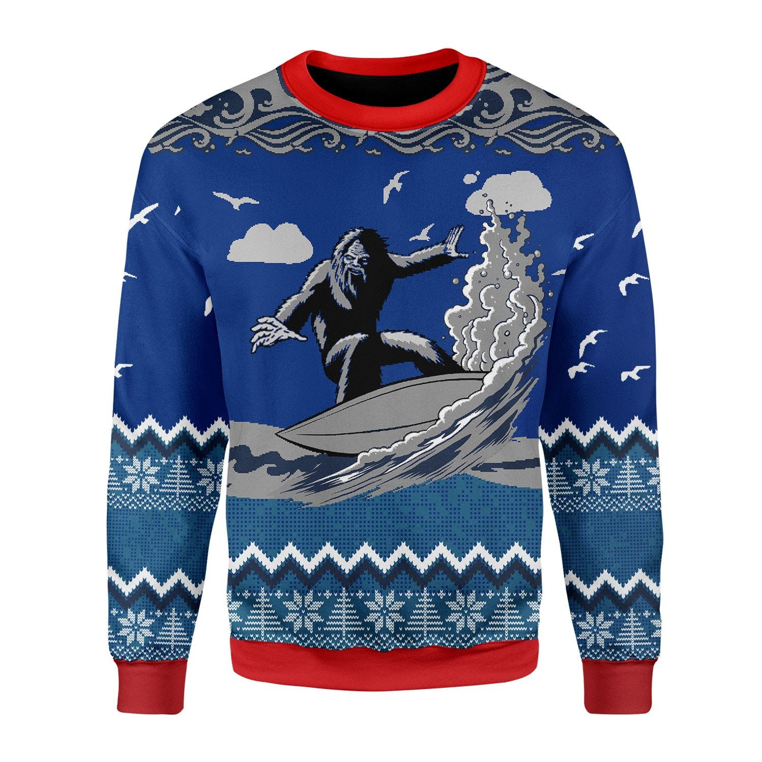 Bigfoot Surfing Ugly Christmas Sweater Adult 3D Funny Matching for family