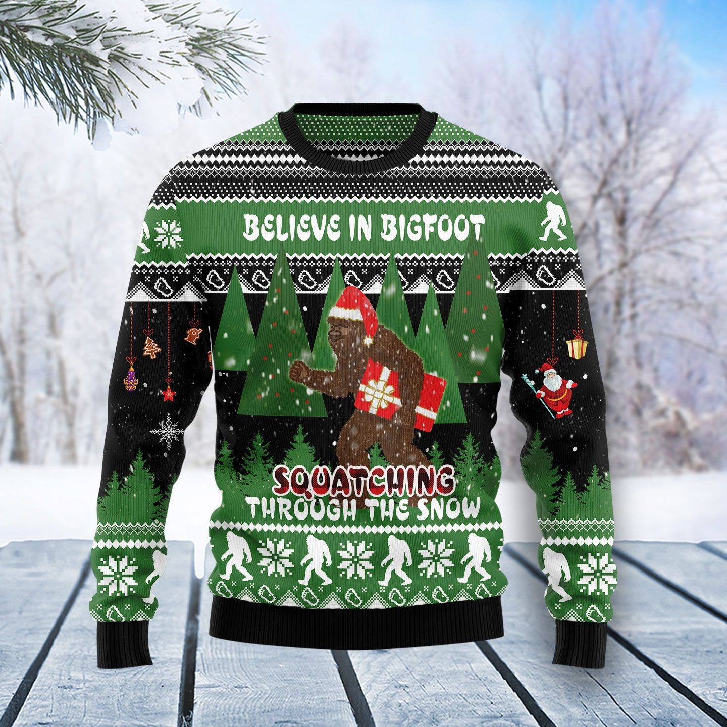 Bigfoot Through Snow Ugly Christmas Sweater Adult 3D Funny Matching for family