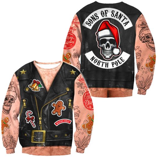 Biker Jacket With Tattoos Ugly Christmas Sweater, Funny Biker Jacket Xmas Sweatshirt - Image 2