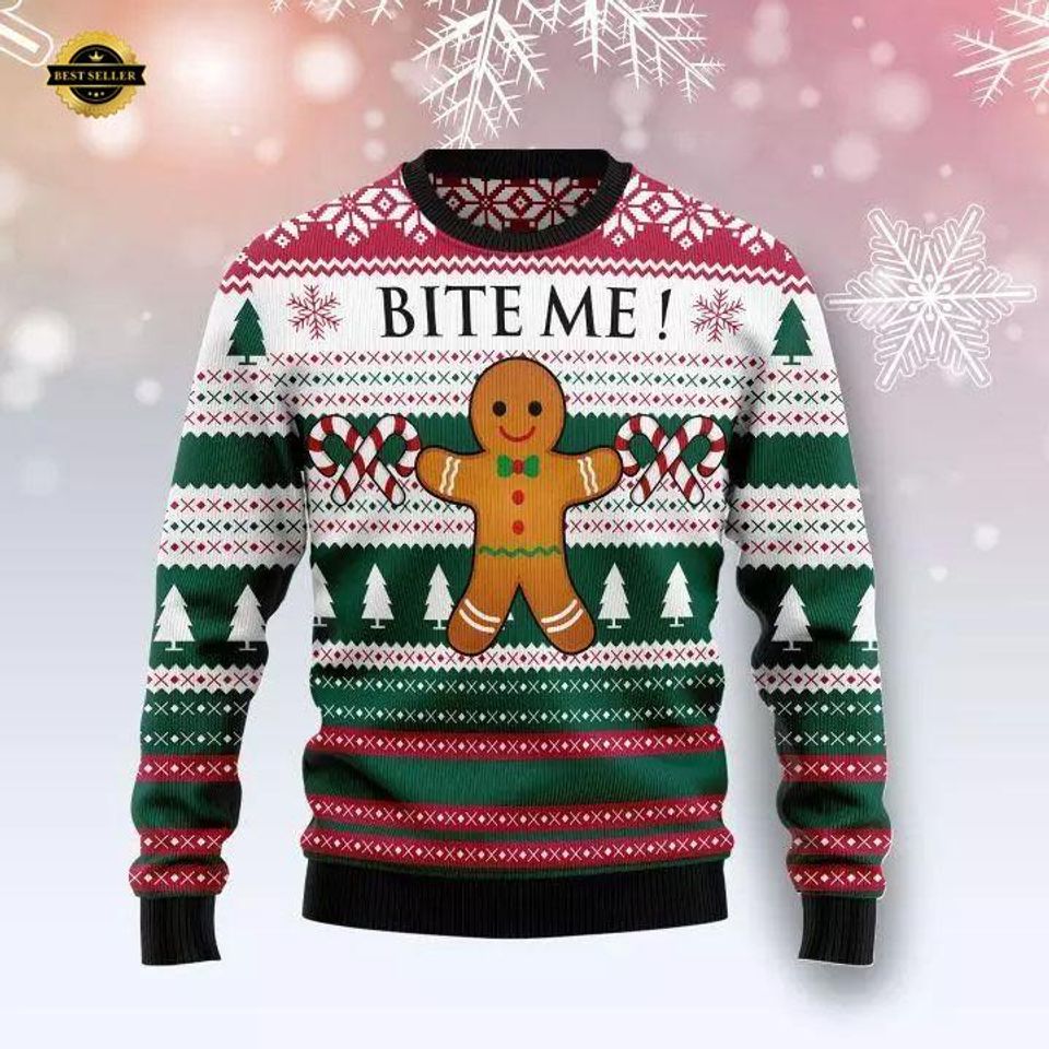 Bite Me Gingerbread Ugly Christmas Sweater - Funny Holiday Sweater