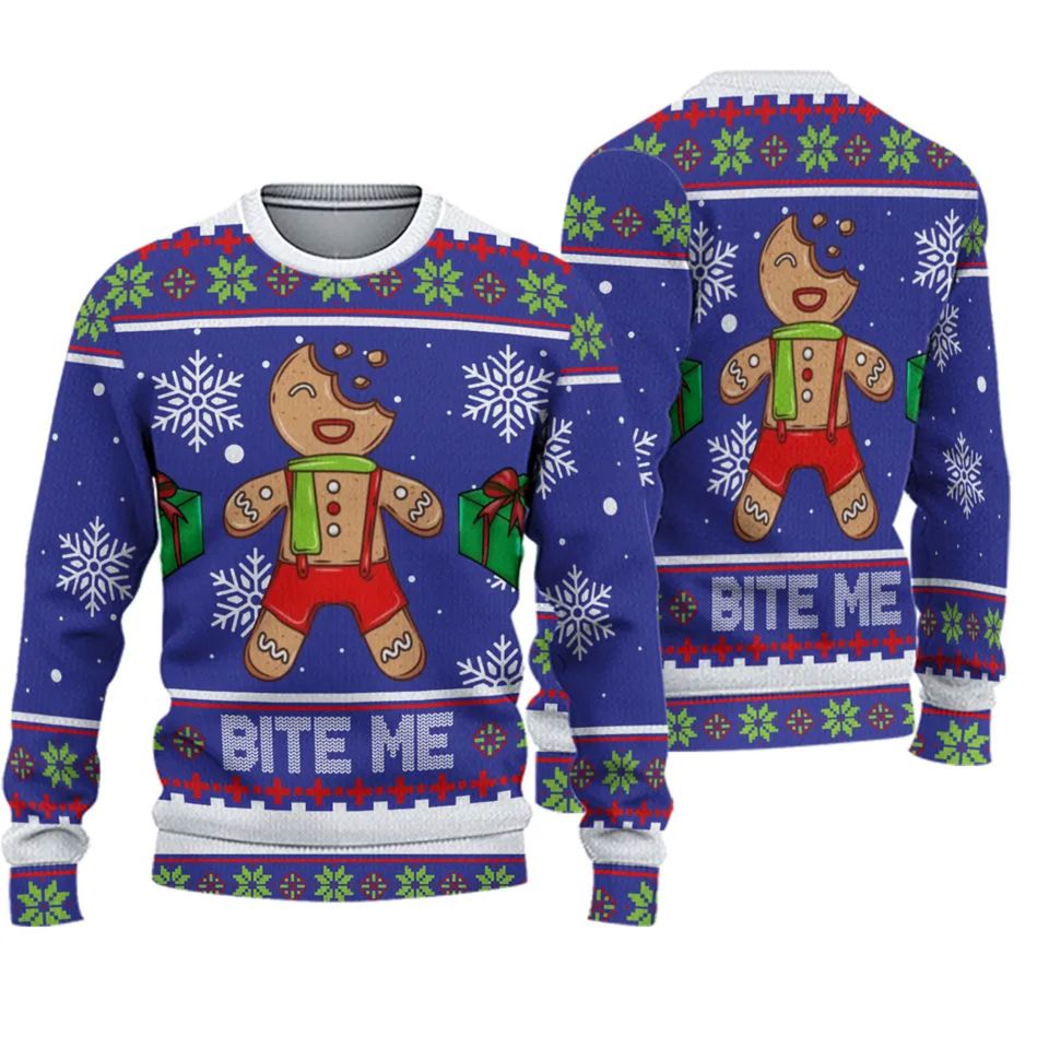 Bite Me Gingerbread Unisex Ugly Christmas 3D Sweater