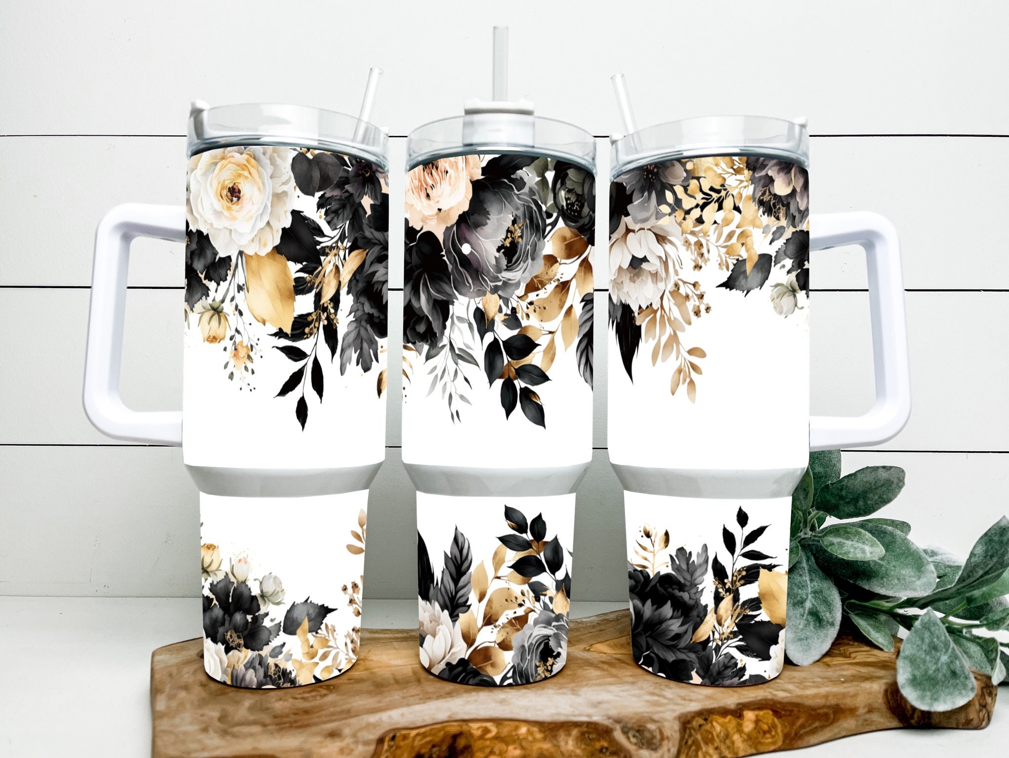 Black and Gold Floral Custom Stanley Cup 40 oz 30 oz Tumbler With HandleTVC2301164