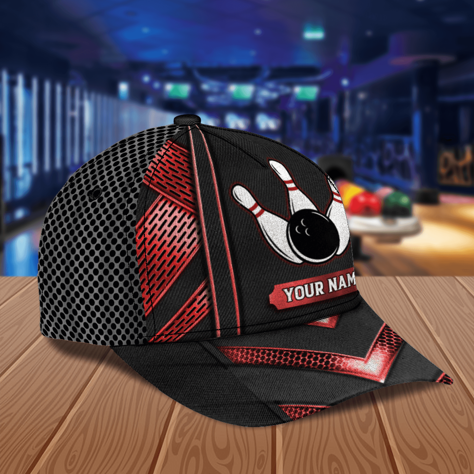 Black And Red Bowling Personalized Classic Cap, Personalized Gift for Bowling Lovers Trucker Hats Custom Hats Gifts For Men & Women