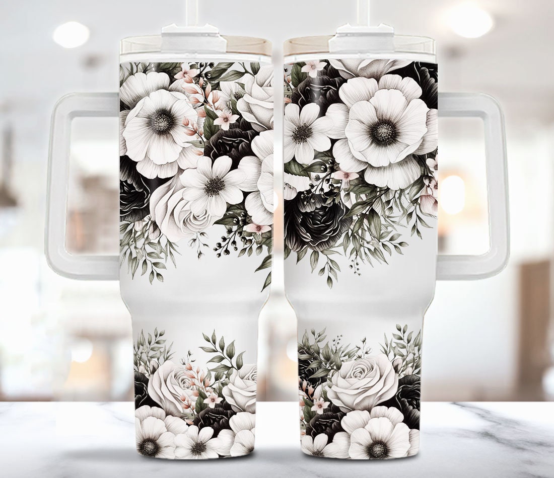 Black and White Floral Custom Stanley Cup 40 oz 30 oz Tumbler With HandleTVC2301958