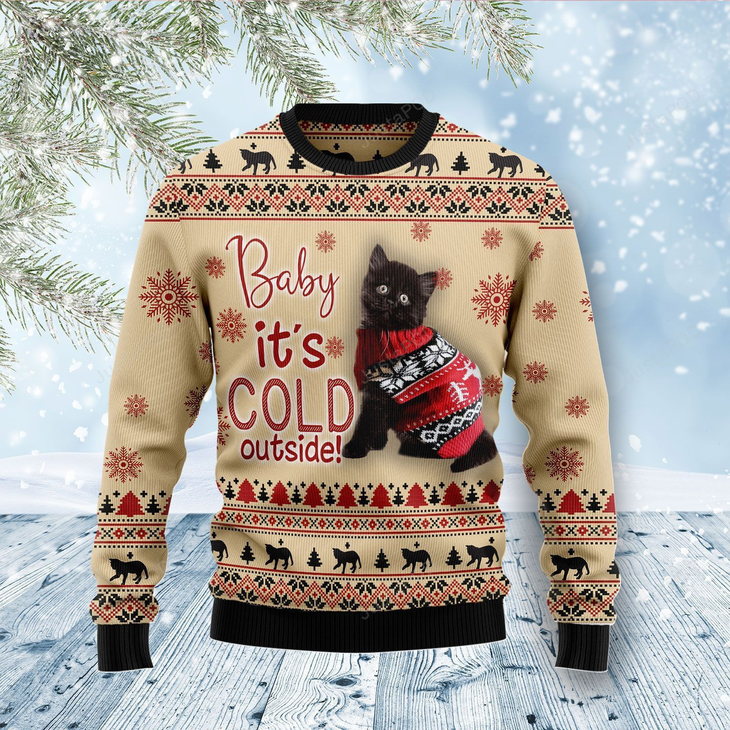 Black Cat Baby It'S Cold Outside Ugly Christmas Sweater Adult 3D Funny Matching for family