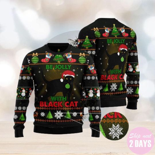 Black Cat Be Jolly Ugly Christmas Sweater Gift Men Women - Image 7