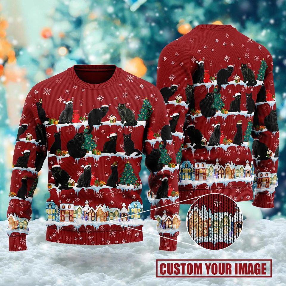 Black Cat Christmas 3D Ugly Sweater, Custom Cat Photo Christmas Sweater,