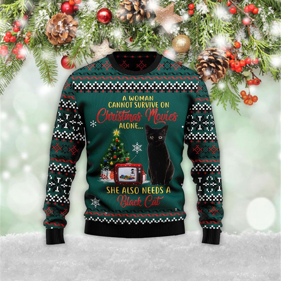 Black Cat Christmas Movie 3D Ugly Meowy Christmas Zip 3D Sweater