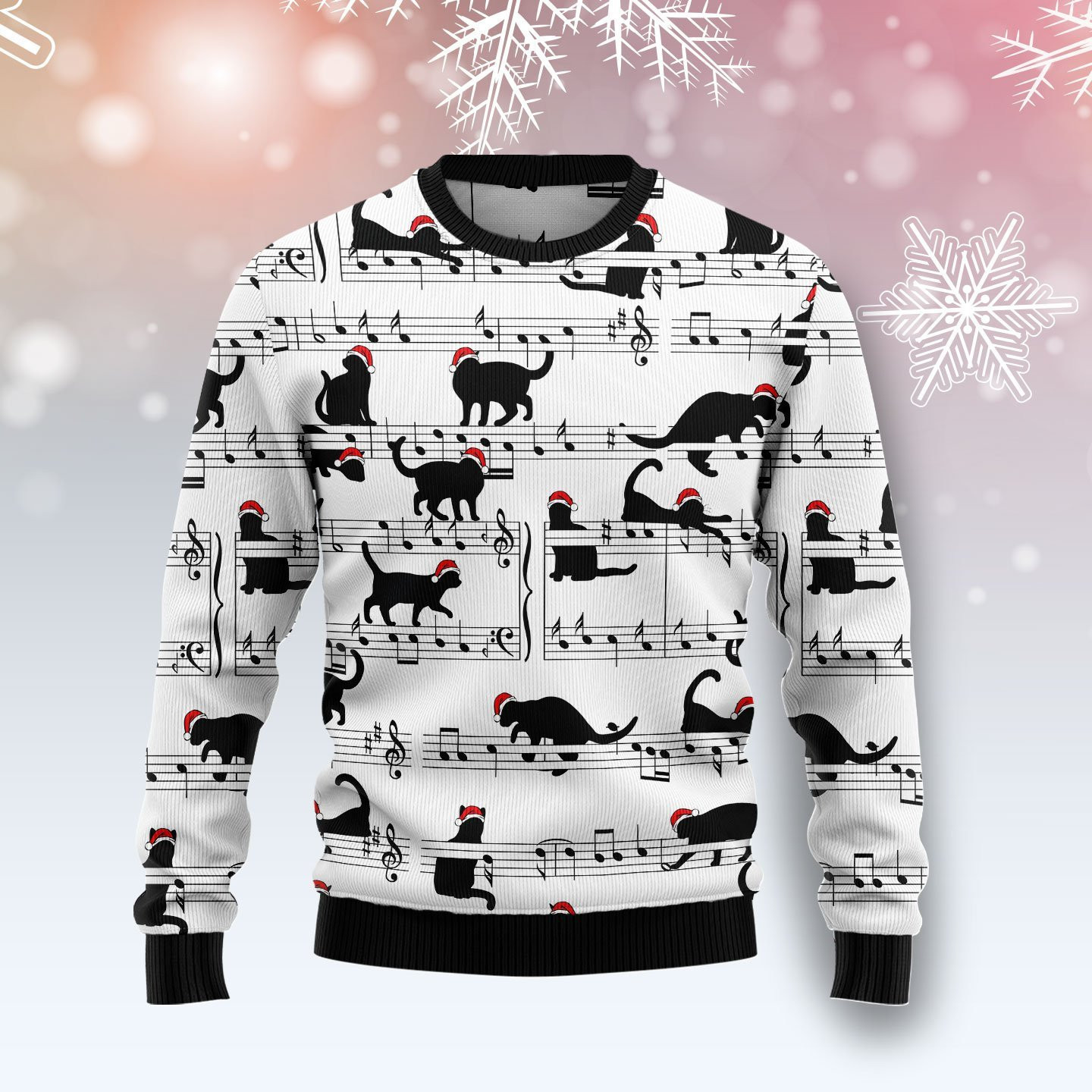 Black Cat Christmas Music Ugly Christmas Sweater Adult 3D Funny Matching for family