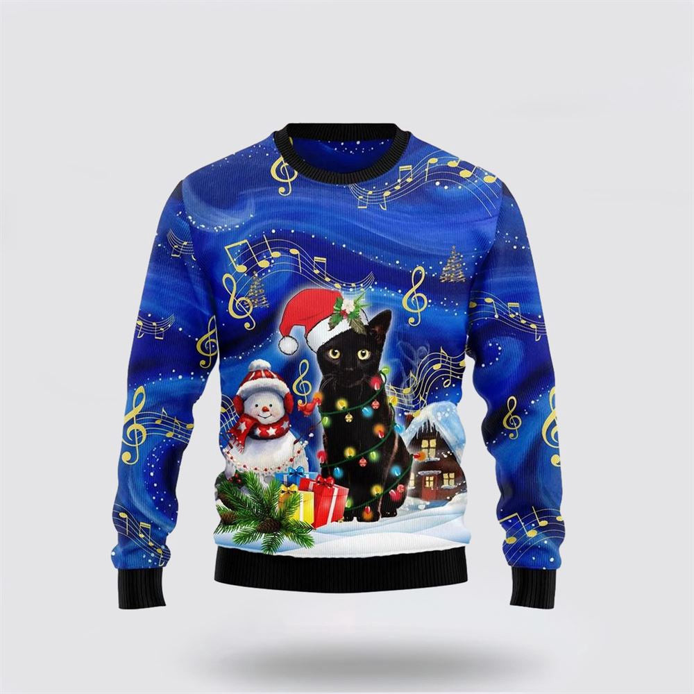 Black Cat Christmas Night Funny Family Ugly Christmas Sweater Unisex