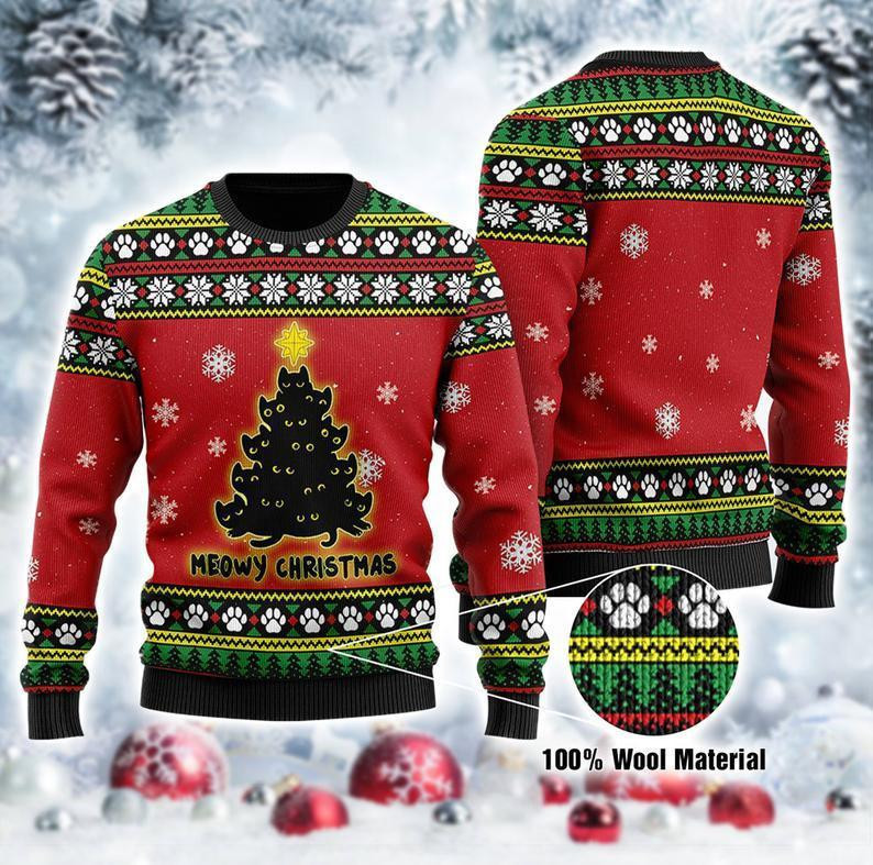 Black Cat Christmas Tree Ugly Christmas Sweater Adult 3D Funny Matching for family