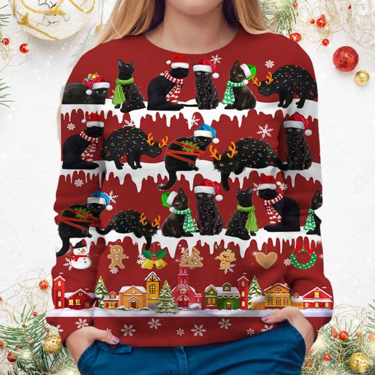 Black Cat Christmas Ugly Sweater, Cute Black Cat Holiday Sweater, Pet Lover Women Sweater - Image 8