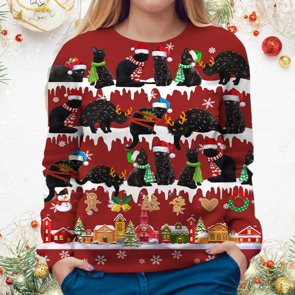 Black Cat Christmas Ugly Sweater, Cute Black Cat Holiday Sweater, Pet Lover Women Sweater