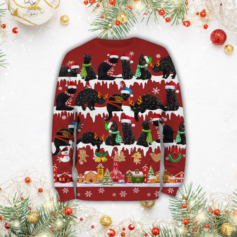Black Cat Christmas Ugly Sweater, Cute Black Cat Holiday Sweater, Pet Lover Women Sweater - Image 3