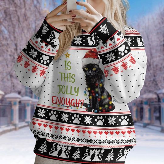Black Cat Christmas Ugly Sweater, Meowy Christmas Cat - Image 13