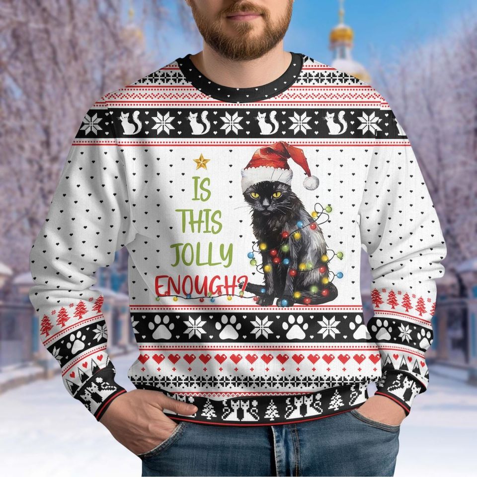 Black Cat Christmas Ugly Sweater, Meowy Christmas Cat - Image 3