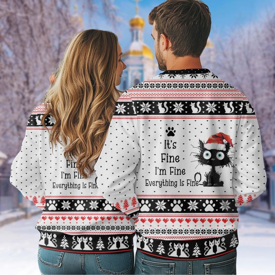 Black Cat Christmas Ugly Sweater, Meowy Christmas Cat - Image 6