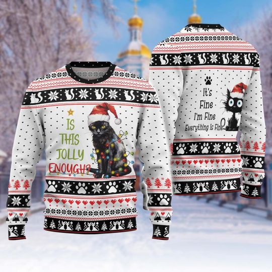 Black Cat Christmas Ugly Sweater, Meowy Christmas Cat - Image 11