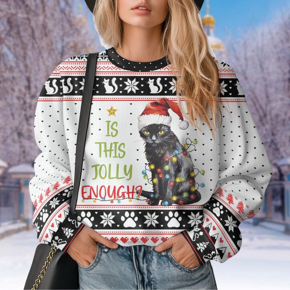 Black Cat Christmas Ugly Sweater, Meowy Christmas Cat - Image 5