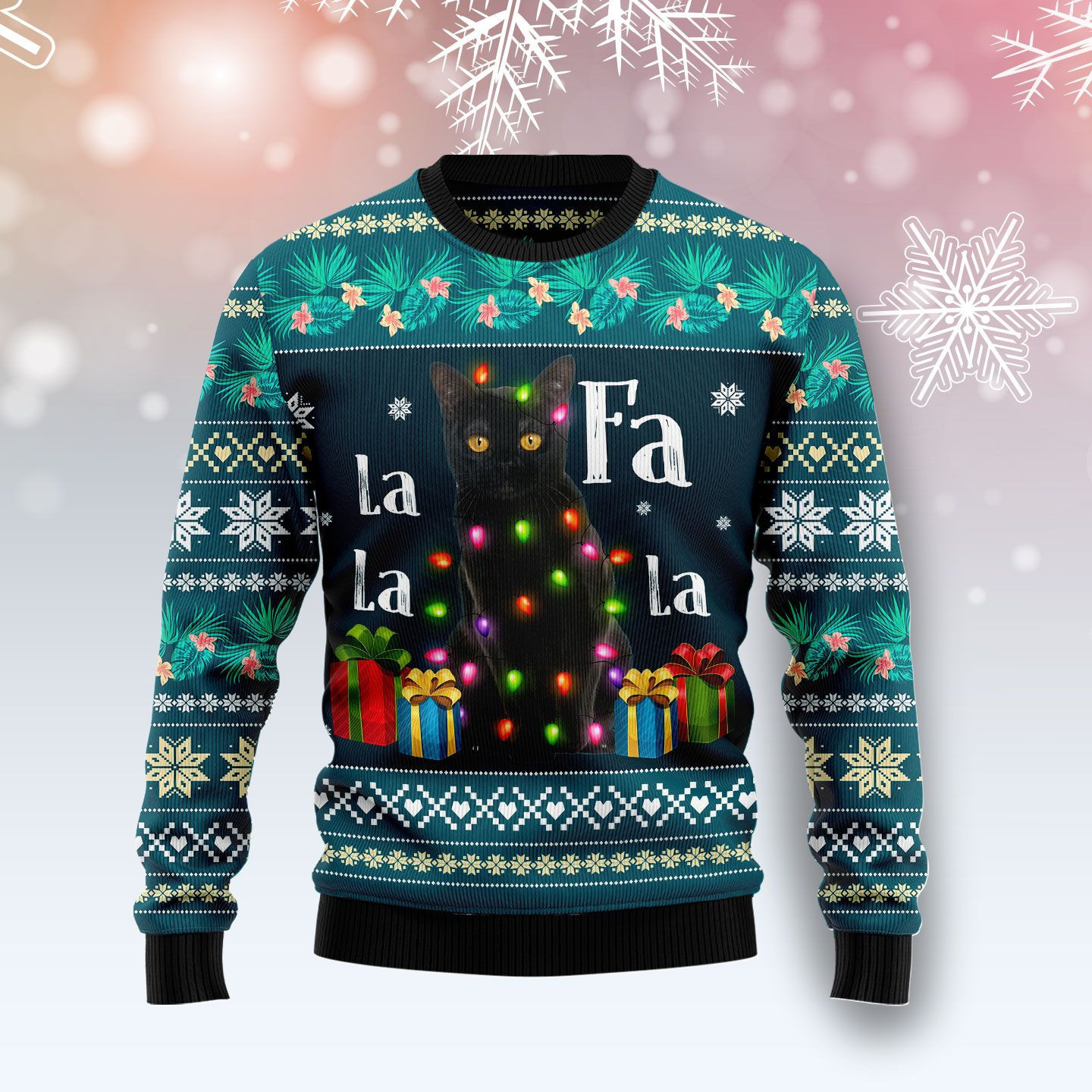 Black Cat Falalala Ugly Christmas Sweater Adult 3D Funny Matching for family