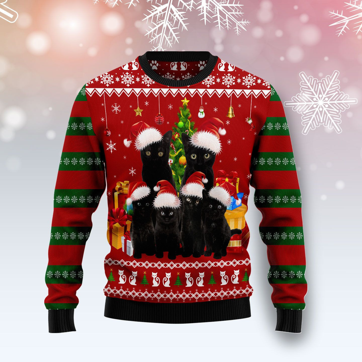 Black Cat Family Christmas Ugly Christmas Sweater Adult 3D Funny Matching for family